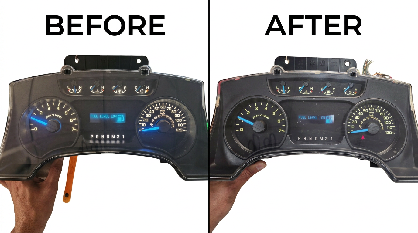 Before and after of a Ford F-150 instrument cluster repair