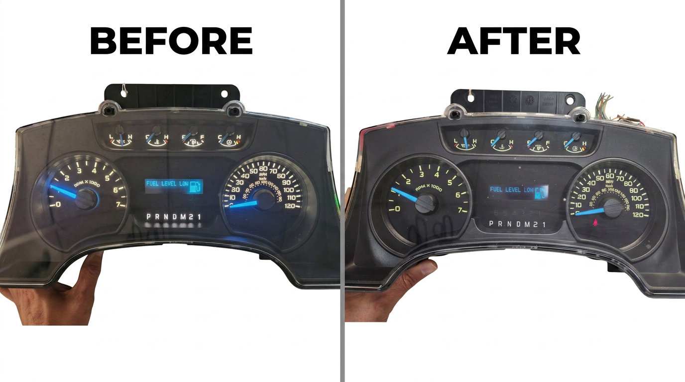 Before and after of a Ford F-150 instrument cluster restoration