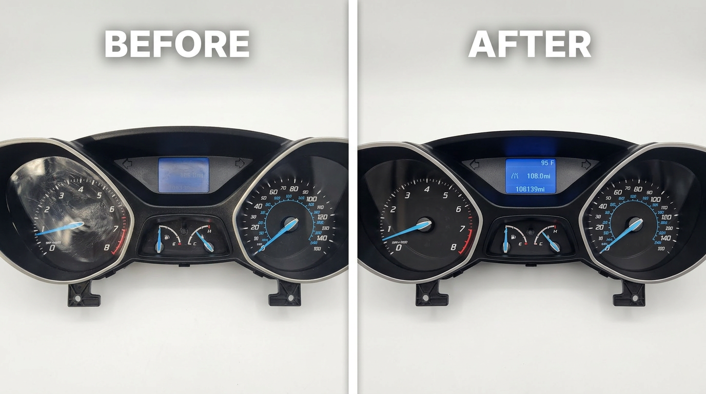 Before and after of a refurbished Ford instrument cluster