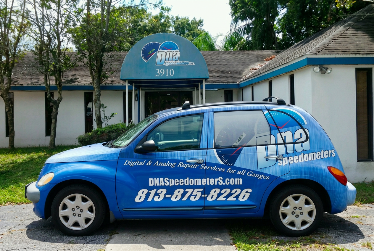 DNA Speedometers branded PT Cruiser parked in front of the DNA Speedometers shop